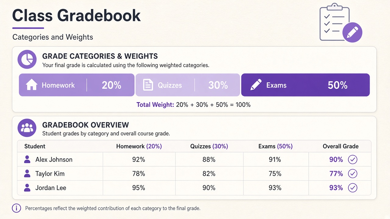 Class gradebook diagram with Homework 20%, Quizzes 30%, Exams 50% and three student overalls