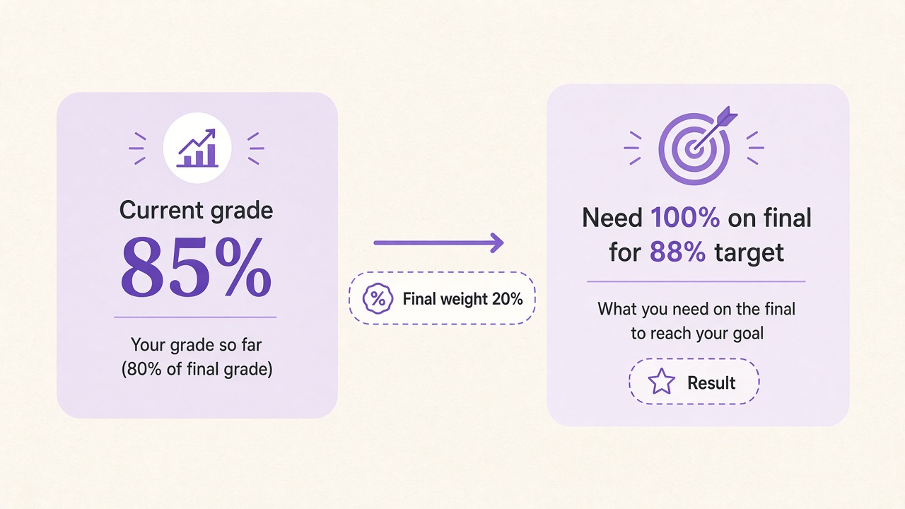 Diagram: 85% current grade and 20% final weight require 100% on the final for an 88% course target