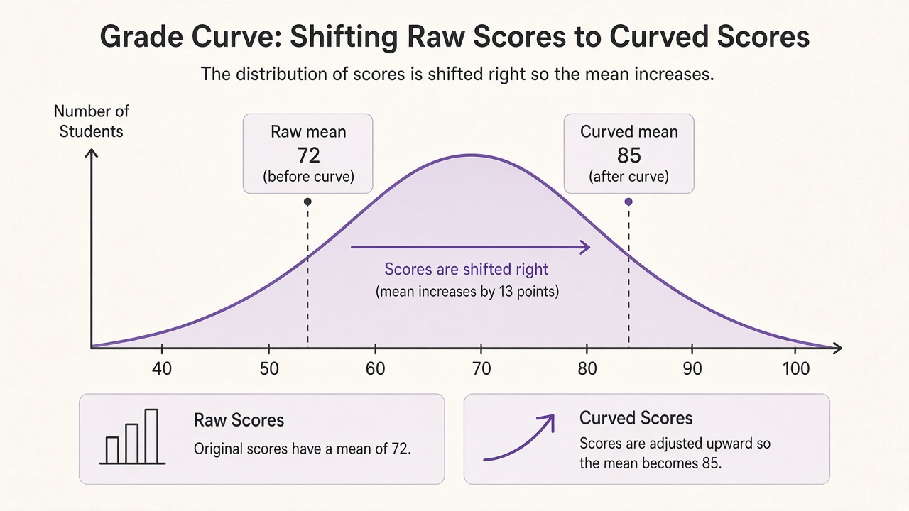 Bell curve diagram shifting raw mean 72 to curved mean 85