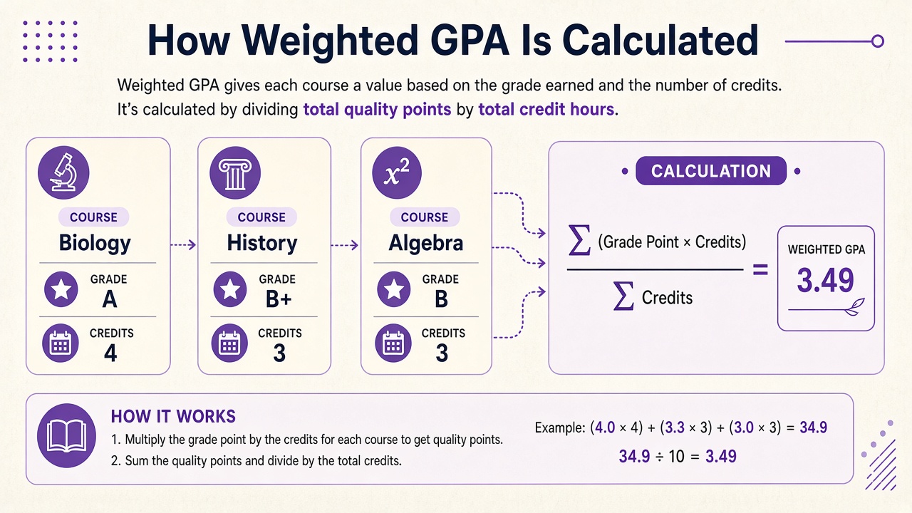Diagram of Biology A, History B+, and Algebra B combining into a 3.49 weighted GPA